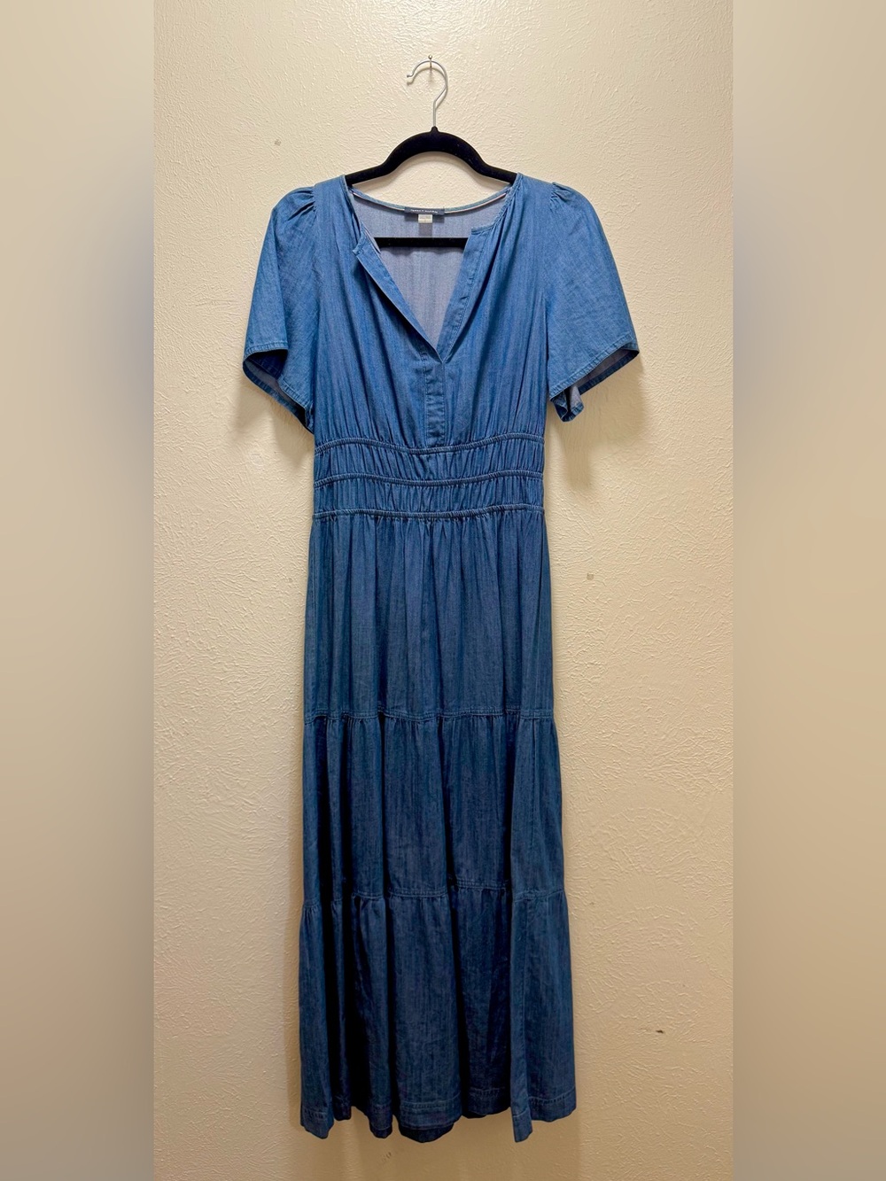 Tommy Hilfiger Denim Blue Short Sleeve Tiered Maxi Dress